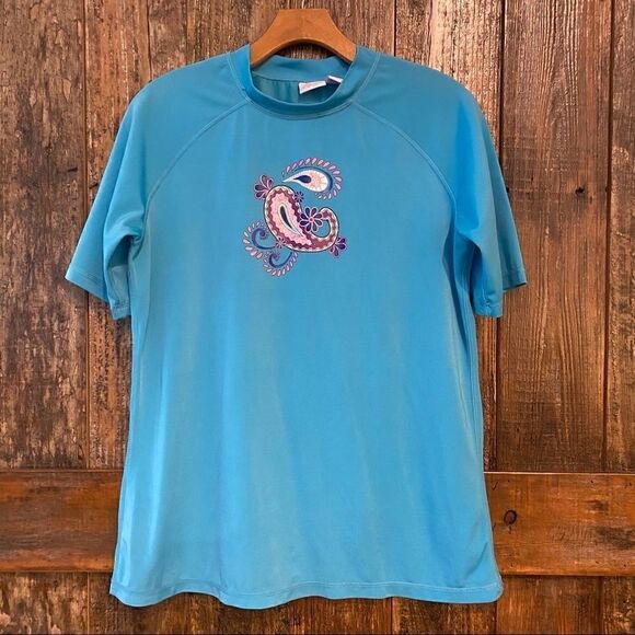 Kanu Surf Sz L Blue SwimSuit  Surfing Beach Paisley Short Sleeve RashGuard Top - Picture 2 of 10